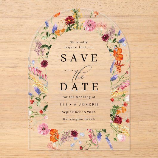Levendige Bold Wildflowers Wedding Save the Date Acryl Uitnodigingen (Voorkant)