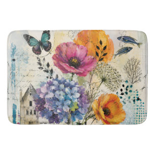 Levendige Botanische Mixed Media Collage Kunst Badmat