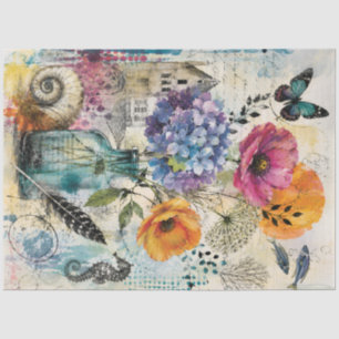 Levendige Botanische Mixed Media Collage Kunst Tissuepapier