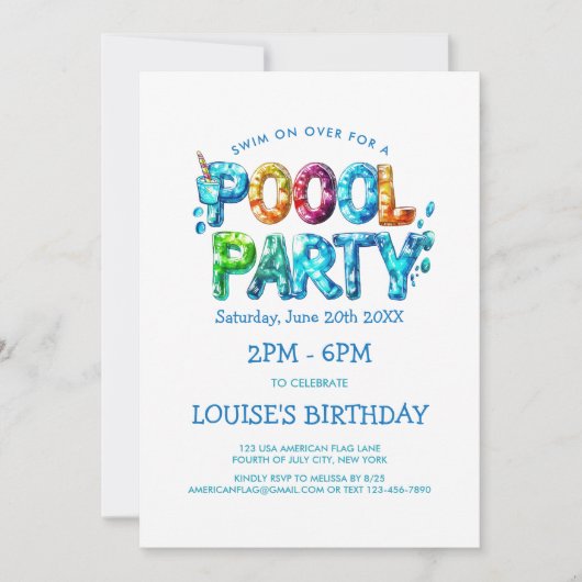 Levendige brieven Pool Party uitnodiging (Voorkant)