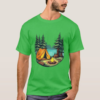 Levendige cartoonscampingscène zonder brandbomen v t-shirt