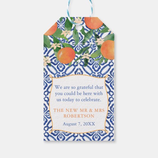 Levendige Citrus Sinaasappels Classic Blue Tegels  Cadeaulabel (Achterkant)