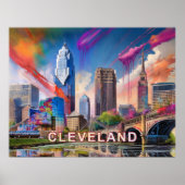 Levendige Cleveland Ohio Skyline Abstracte kunst Poster (Voorkant)