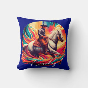 Levendige Cowboy en Paard Blauw Kussen