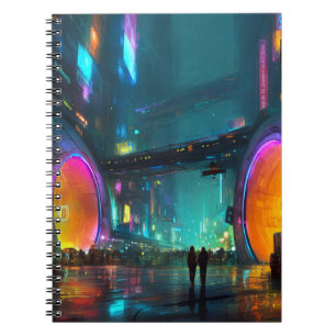 Levendige cyberpunk-stadsgezicht met bogen notitieboek