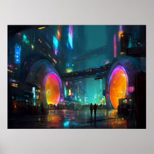 Levendige cyberpunk-stadslandschap met bogen poster