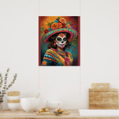 Levendige Dag van de Dode Vrouw in Skull Make-up Poster (Keuken)