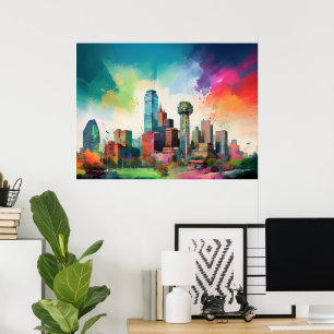 Levendige Dallas Skyline Graffiti Kunst Poster