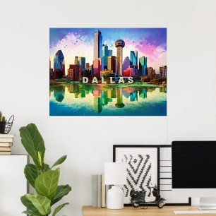 Levendige Dallas Skyline Graffiti Kunst Poster