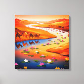 Levendige Desert Oasis Schilderij met Camel Carava Canvas Afdruk (Voorkant)