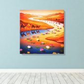 Levendige Desert Oasis Schilderij met Camel Carava Canvas Afdruk (Insitu (Houten vloer))