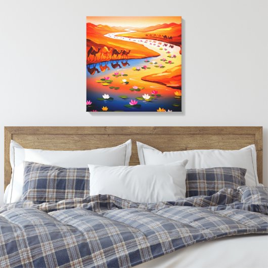 Levendige Desert Oasis Schilderij met Camel Carava Canvas Afdruk (Insitu (Slaapkamer))