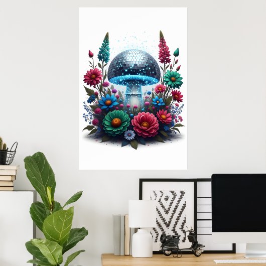 Levendige Digitale Disco Ball Mushroom Poster (Thuiskantoor)