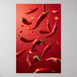 Levendige drijvende rode paprika voedsel Poster