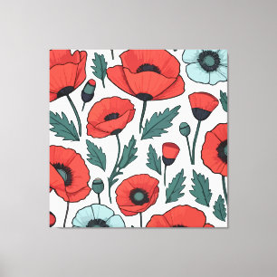 Levendige en rode Poppy Bloemen Illustratiepatroon Canvas Afdruk