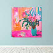 Levendige Fauvist Vaas van roze bloemen Canvas Afdruk (Insitu (Houten vloer))