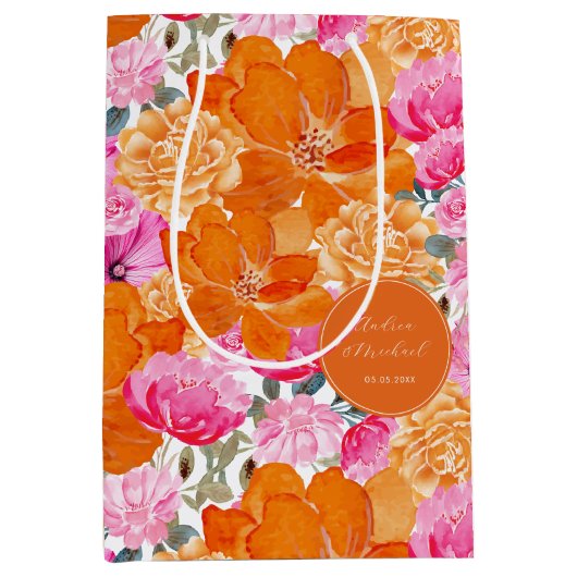 Levendige felroze Sinaasappel bloemenbruiloft guns Medium Cadeauzakje (Voorkant)