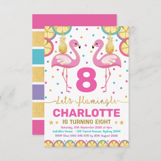 Levendige Flamingo Tropische Verjaardag Pool Party Kaart (Voorkant / Achterkant)