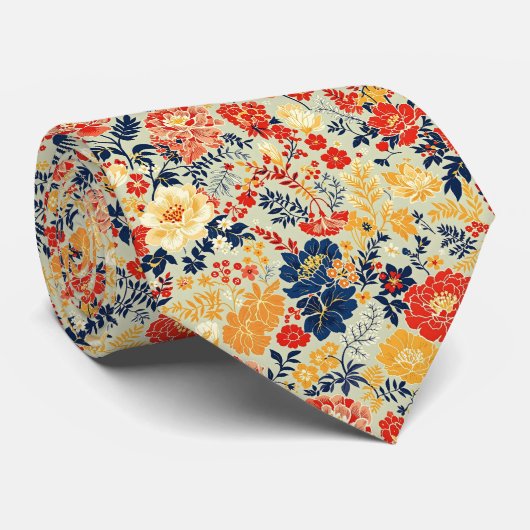 Levendige flora rood, geel en blauw op wit stropdas (Opgerold)