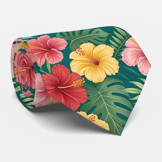 Levendige Floral Hibiscus Hawaiian Stropdas (Opgerold)