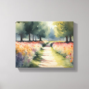 Levendige Floral Path Waterverf schilderij Canvas Afdruk