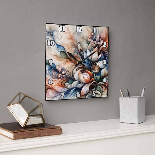 Levendige Floral Swirl artwork Vierkante Klok (Kantoor)