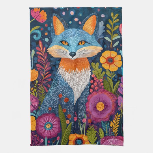 Levendige Fox Dot Art te midden van weelderige flo Theedoek (Verticaal)