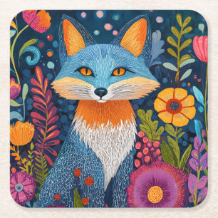Levendige Fox Dot Art te midden van weelderige flo Vierkante Kartonnen Onderzetter