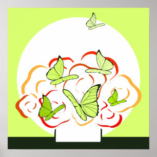 Levendige geel-groene vlinders & Oranje boeket Poster