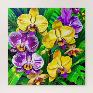 Levendige gele en diep paarse orchideeën legpuzzel