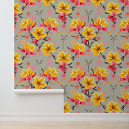 Levendige Gele en Roze Bloemen Fantasy Behang