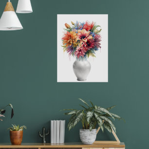 Levendige gemengde media lelieboeket in vaas kunst poster