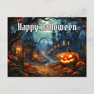 Levendige gloeiende spookachtige pompoen gelukkig  briefkaart