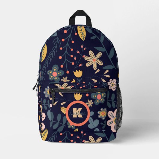 Levendige grillige bloemen en bladeren op Navy Blu Bedrukte Rugzak (Voorkant)