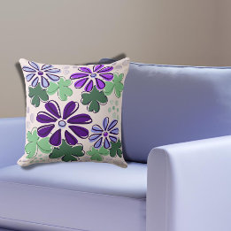 Levendige Groene en Paarse Klaver & Flower Doodle Kussen