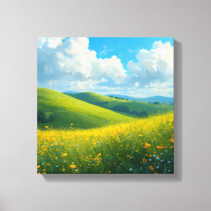 Levendige Groene Heuvels & Gele Bloemen Landschap Canvas Afdruk