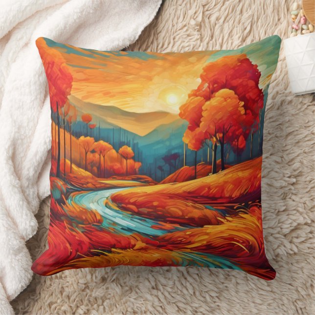 Levendige Herfst River Scene Kussen (Deken)