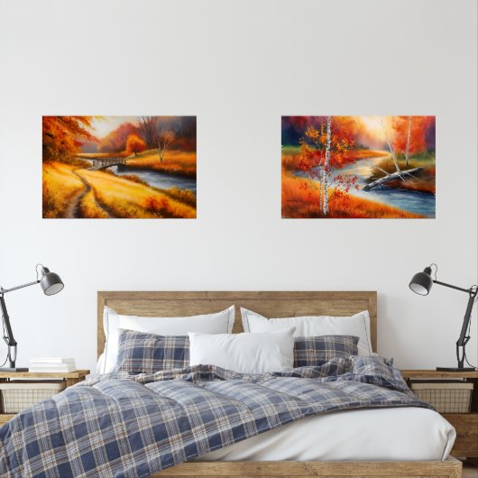 Levendige herfstbosschildering - Herfst Landschap Muurkunst Sets (Slaapkamer)