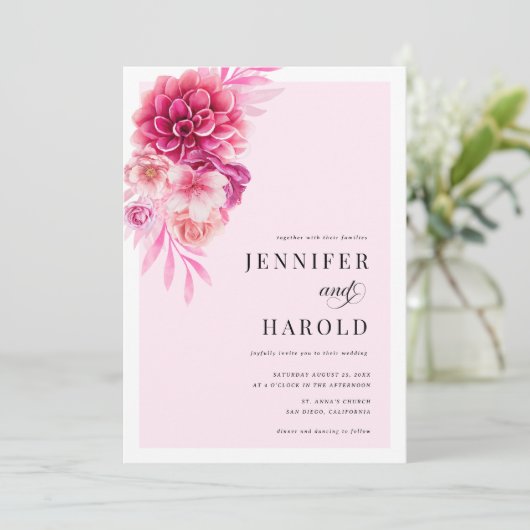 Levendige hete roze bloemen bruiloft kaart (Staand voorkant)