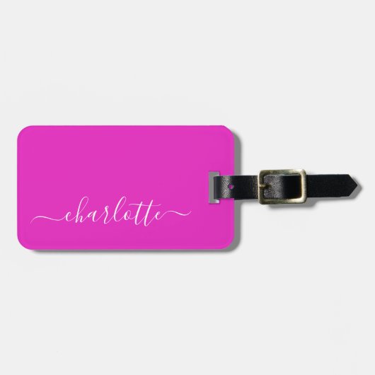 Levendige hete roze script naam gepersonaliseerd bagagelabel (Voorkant horizontaal)