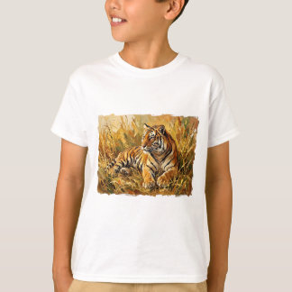 Levendige Impasto Tijger in Zonovergoten Gouden Gr T-shirt