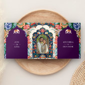 Levendige Indiase Folk Art Olifanten Aubergine bru Drieluik Uitnodiging