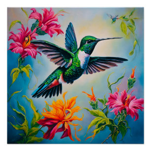 Levendige Kleur Hummingbird met Bloemen Perfect Poster