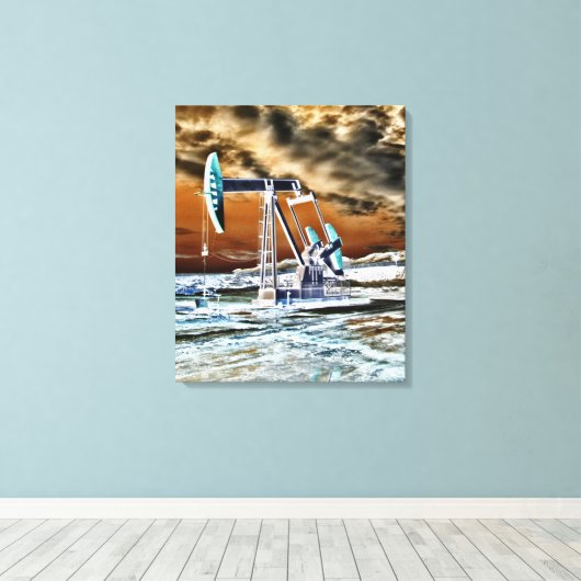 Levendige kleuren oliebron pompen (pomp jack) Unit Canvas Afdruk (Insitu (Houten vloer))