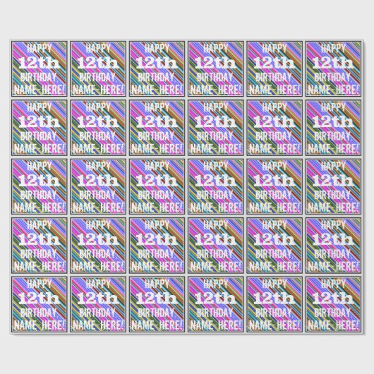 Levendige, kleurrijke 12e verjaardag + aangepaste  cadeaupapier (Vlak)