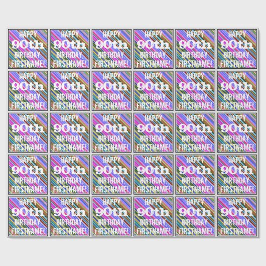 Levendige, kleurrijke 90e verjaardag + aangepaste  cadeaupapier (Vlak)