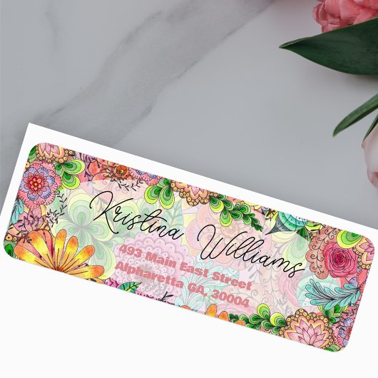 Levendige Kleurrijke Doodle Florals Retouradres Etiket