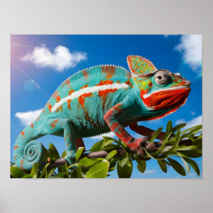 Levendige kleurrijke kameleon op een blauwe achter poster