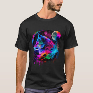 Levendige kleurrijke verf Wolf gezicht Wilderness T-shirt