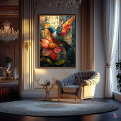 Levendige kolibrie en bloem in Glas in lood Poster